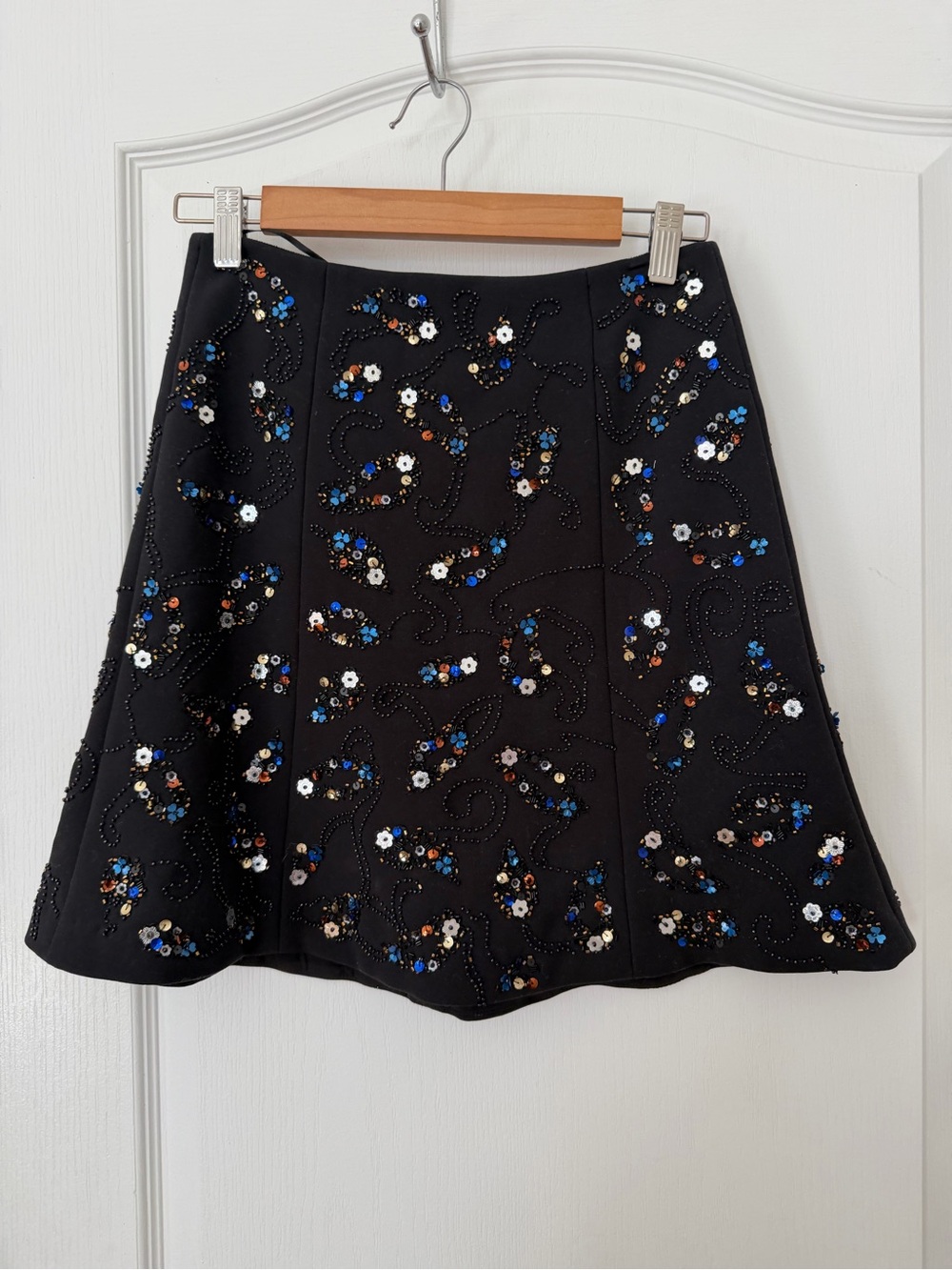 Club Monaco Black Midi Skirt with Multicolor Sequin Floral Embellishment